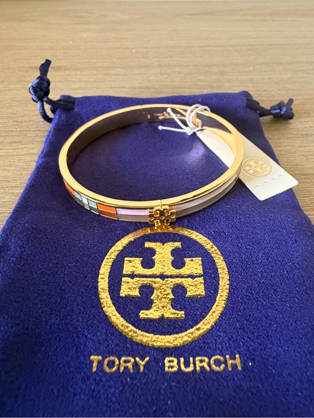Tory Burch Gold Tone Multicolor Enamel Hinged Bangle Bracelet New